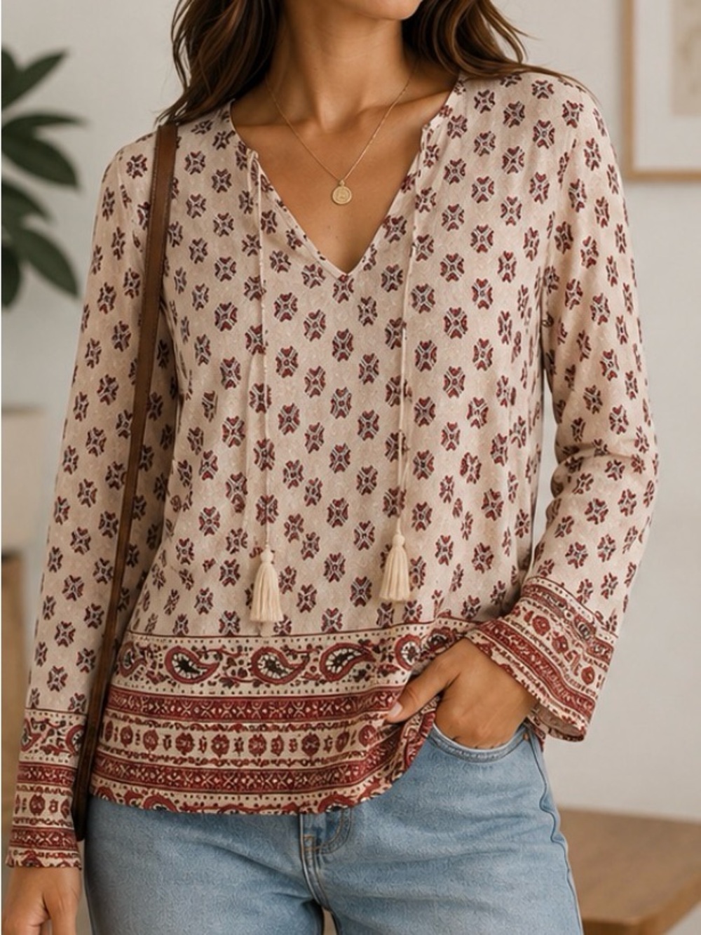Boho Tassel V-Neck Long Sleeve Blouse in Cream and Burgundy